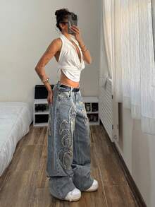 StreetHx Jeans de ajuste holgado con bolsillo bordado y efecto desgastado, estilo casual de calle para mujer - Azul - Ver 1