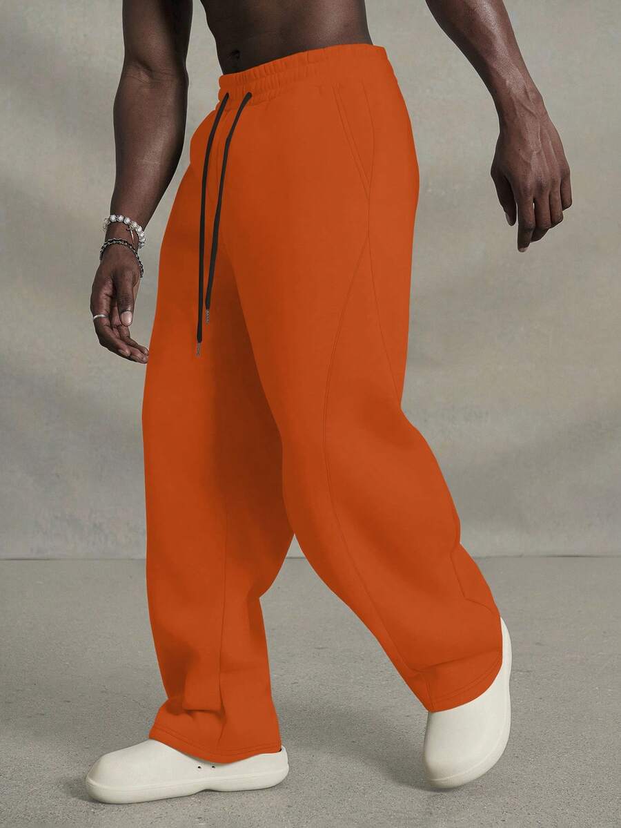 PAVTROS Calça de Moletom Casual Solta de Perna Larga com Cordão na Cintura, Cor Sólida, Para Rave - Laranja - Visão 1