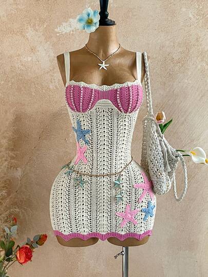 Soleia Women's Vacation Knit Textured Fabric Ocean Shell Mini Dress, Sexy Party Date Beach Holiday Summer Outfit, Suitable For Holiday Date, Afternoon Tea, Wedding Season, Beach Cruise Vacation, City Road Trip Vacation, Boho Vacation, Music Festival Summer Sexy Dress Crochet Dresses For Women Crochet Swimsuit