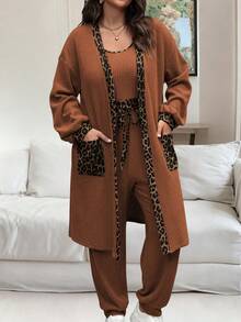 Vionelle 大码女式法式休闲优雅豹纹拼接两件套，秋冬款 - 鏽棕色 - 查看 4