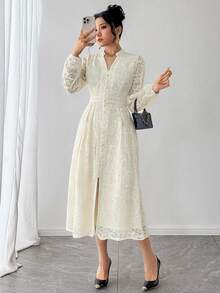 DAZY V-Neck Lantern Sleeve Lace Dress, High-End French Style, Waist Cinching, Slimming, Single-Breasted Long Dress