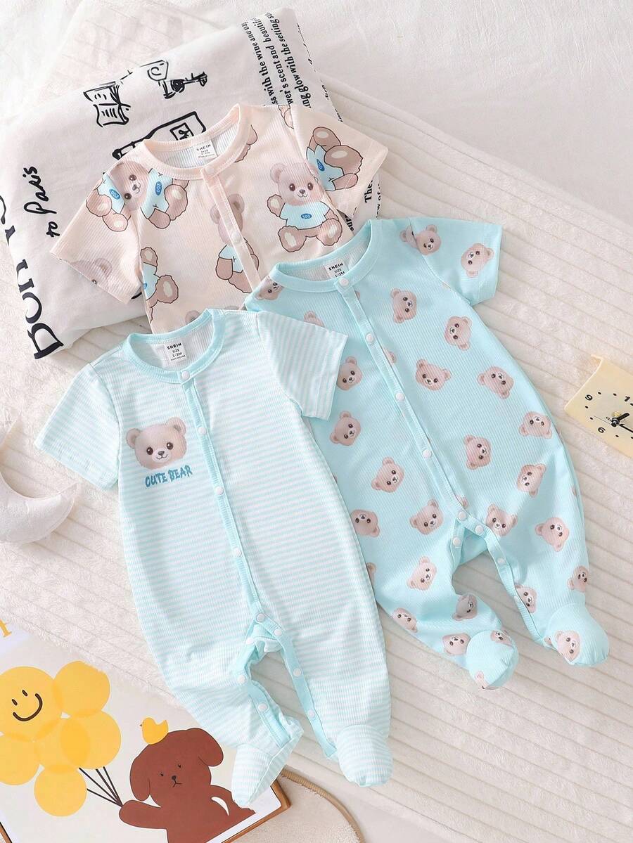 3件套新生儿简约可爱小熊印花图案舒适短袖连体短裤家居服 - 藍色 - 查看 1