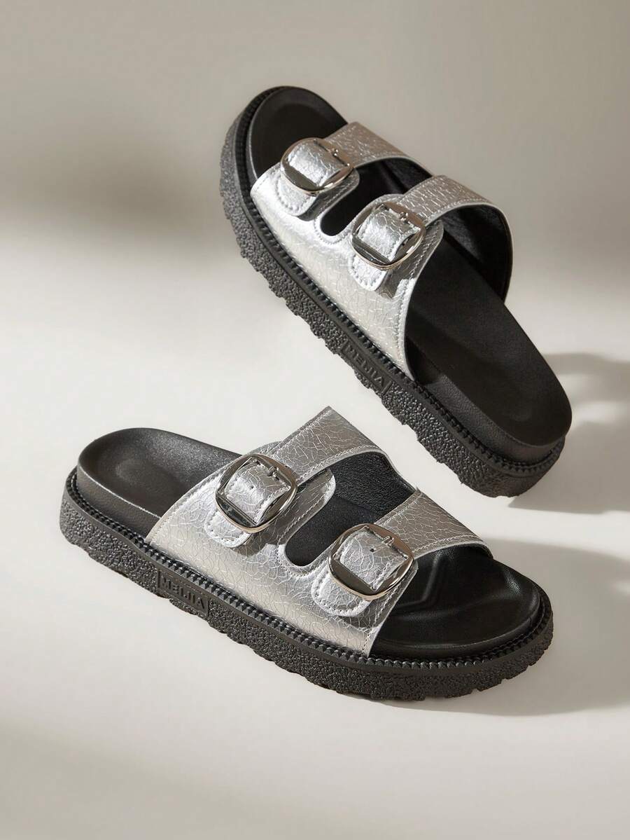 女士厚底搭扣设计休闲复古拖鞋 - 銀色 - 查看 1