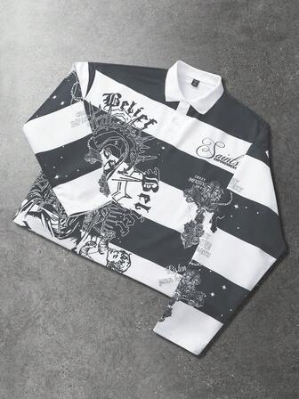 Street Life Men's Retro Virgin Mary Striped English Graphic Print Street Style Pullover Pullover Sweatshirt