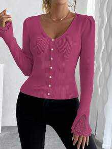 EMERY ROSE 法式蕾丝拼接V领修身泡泡袖针织毛衣，饰有珍珠，长袖 - 玫紅色 - 查看 5