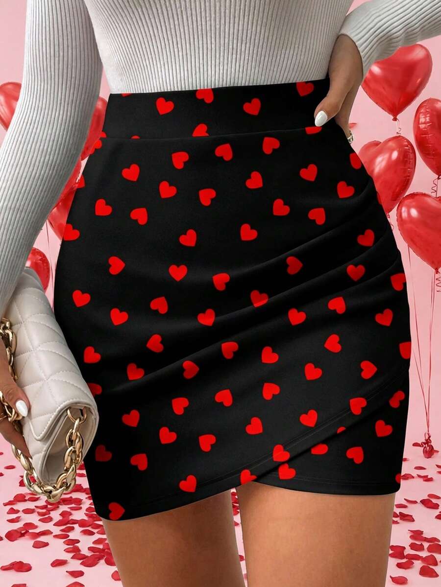SHEIN Frenchy Women's Casual Elegant Asymmetrical Hem Ruched Bodycon Skirt, Heart Print, Suitable For Valentine's Day - Multicolor - View 1