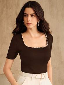 Anewsta New Fashionable Seamless Fitted Rhinestone Embellished Crew Neck T-Shirt - Coffee Brown - View 6