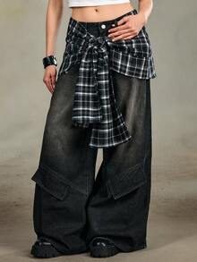 ROMWE EDITION Y2K Retro Plaid Flare Leg Women Jeans - Black - View 1