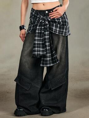 Grunge Punk Y2K Retro Plaid Flare Leg Women Jeans