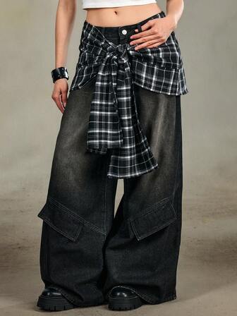 Grunge Punk Y2K Retro Plaid Flare Leg Women Jeans