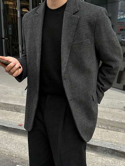 DAZY Men's Herringbone Wool Blend Commuter Blazer, Dark Grey, Spring/Autumn