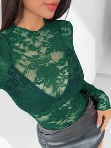 EgrlEra Blusa transparente y sexy con encaje elástico y estampado floral de peonía (corte aleatorio) para mujer - Verde Oscuro - Ver 6