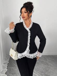 Elenzga 加大码黑白撞色荷叶边优雅衬衫，适合派对、新年聚会等场合，长袖A字衬衫 - 黑與白 - 查看 3