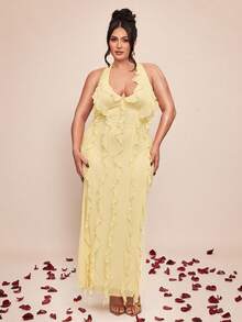 SHEIN BAE 大码女式黄色V领荷叶边长款网纱针织连衣裙，优雅春夏度假连衣裙 - 黃色 - 查看 4