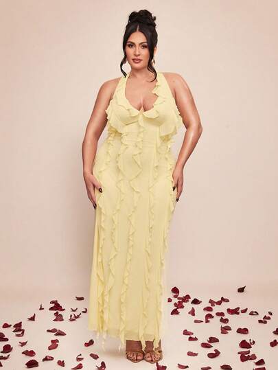 Plus Size Women's Yellow V-Neck Ruffle Hem Long Mesh Knit Dress, Elegant Resort Dress For Spring/Summer,Summer Holiday Outfits,Summer Dress For Women,Spring Outfit Women,Valentine's Day,Carnival,Carnival Costume For Women,Female Carnival Costume,Beach Outfits For Women,Wedding Guest Dress For Women ,Elegant Dresses For Women,Vacation Outfits Women,Casual Dresses For Women,Summer Holiday Outfits,Carnival,Carnival Costume For Women,Wedding Guest Dress For Women,Curve ,Plus Size