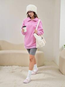SHEIN 粉色女士休闲刺绣领家居服上衣，冬季 - 粉色 - 查看 2