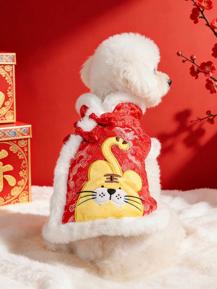 PETSIN 1pc Pet Clothing, Universal Clothing For Cats And Dogs, Pet New Year Tang Clothing, Cute Embroidered Tiger Pattern Thick Winter Clothing - Red - View 1