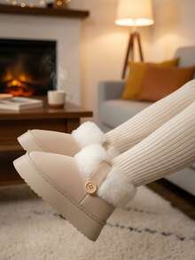 Botas de nieve retro de felpa para mujer 2025 otoño nuevos zapatos de algodón de moda de suela gruesa botas casuales versátiles - Beis - Ver 2