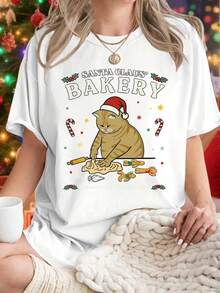 Camiseta Blanca Oversize de Mujer con Estampado Navideño "Santa Claus' Bakery" - Blanco - Ver 1