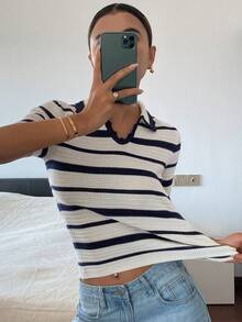 DAZY Women's Contrast Striped Collared Short Sleeve Casual Knit Top, Elegant Spring/Autumn - Navy Blue - View 5