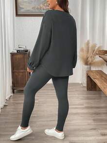SHEIN LUNE 2pcs Plus Size Solid Color Round Neck Long Sleeve Top And Skinny Ankle Length Pants Set Winter Clothes 2 Pieces Casual Sets Woman - Dusty Blue - View 2