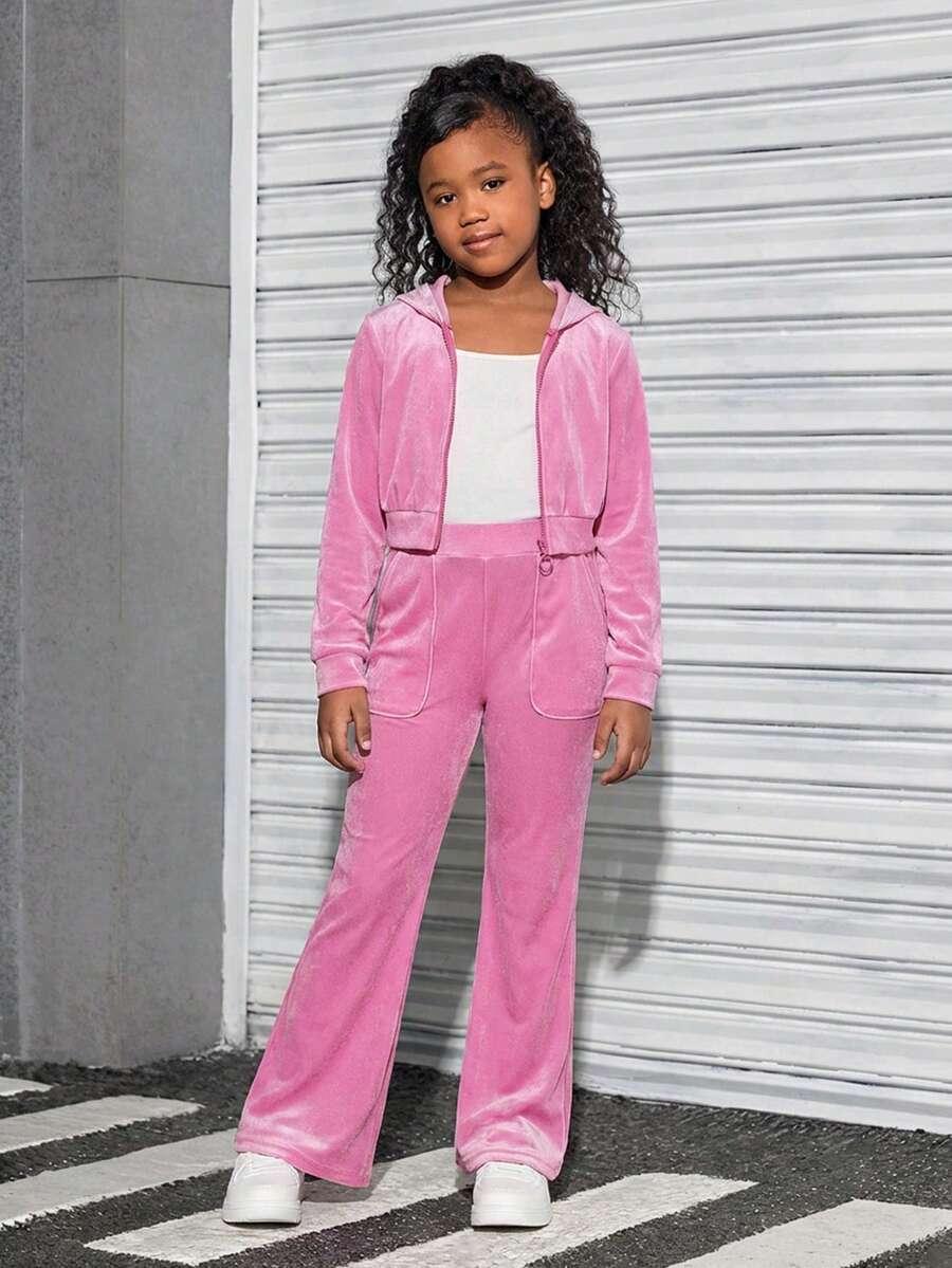 SHEIN Bộ áo hoodie và quần nỉ nhung cho bé gái tuổi teen, trang phục thể thao thường ngày. - Màu Hồng Dưa hấu - Xem 1