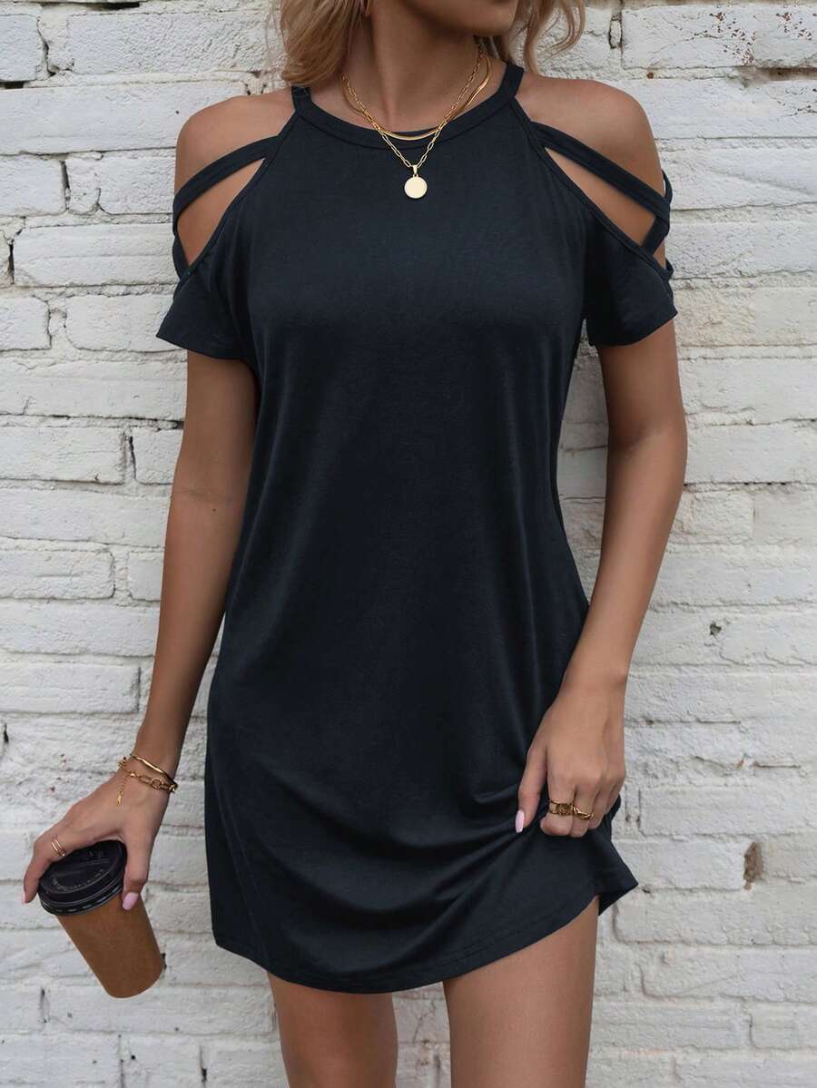 EMERY ROSE Women's Casual Solid Color Off-Shoulder Short Dress - Navy Blue - View 1