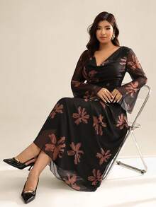 Auralis 大码女装秋冬时尚优雅舒适日常棕色碎花黑色喇叭袖长袖连衣裙，秋季穿搭，派对礼服，曲线连衣裙 - 黑色 - 查看 6