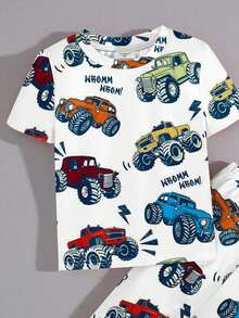 Young Boy Casual Car Print Snug Fit Comfortable Round Neck Short Sleeve Pants Pajama Set, Suitable For All Seasons - Multicolor - View 3