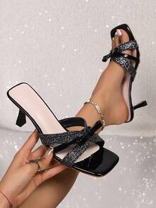 En otoño, el nuevo lazo francés con los dedos abiertos lleva zapatos de mujer con tacones altos, Sandalias de tacón para mujer - Negro - Ver 6