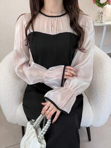 FRIFUL 女士圆领雪纺网纱拼接喇叭袖撞色甜美休闲派对连衣裙夏季女装 - 杏色 - 查看 5