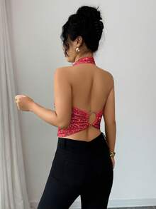 Elenzga Atasan Camisole Tanpa Lengan Leher V Berhiaskan Payet Merah Muda Cerah untuk Wanita, Gaun Pesta Rave Malam Klub Techno Musim Panas, Pinggang Berkerut dengan Cincin Logam yang Elegan - Merah - View 2