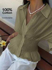 SHEIN EZwear 橄榄绿色梭织褶腰休闲短袖女衬衫 - 軍綠色 - 查看 7
