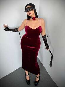 Flirla 大码女士优雅性感修身吊带连衣裙，休闲法式风格 - 酒紅色 - 查看 5