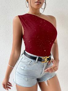 Zolique Summer New Sexy Asymmetric Shoulder Ruched Shiny Fabric Women Top, Wine Red Blouse, Oblique Shoulder Top, Holiday Top - Red - View 7