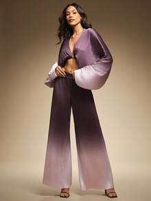 Hauture Women's Gradient Printed Pleated Curve Sleeves Front Buttoned Top - Purple - View 3