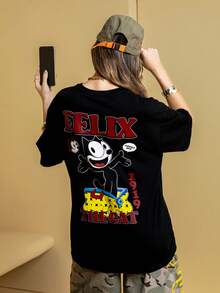 Felix The Cat X SHEIN Áo thun ngắn tay màu đen in chữ và hoạt hình dành cho nữ - màu đen - Xem 7
