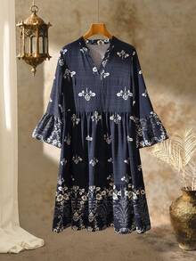Rusticease Women's Floral Print V-Neck Long Sleeve Dress - Navy Blue - View 1