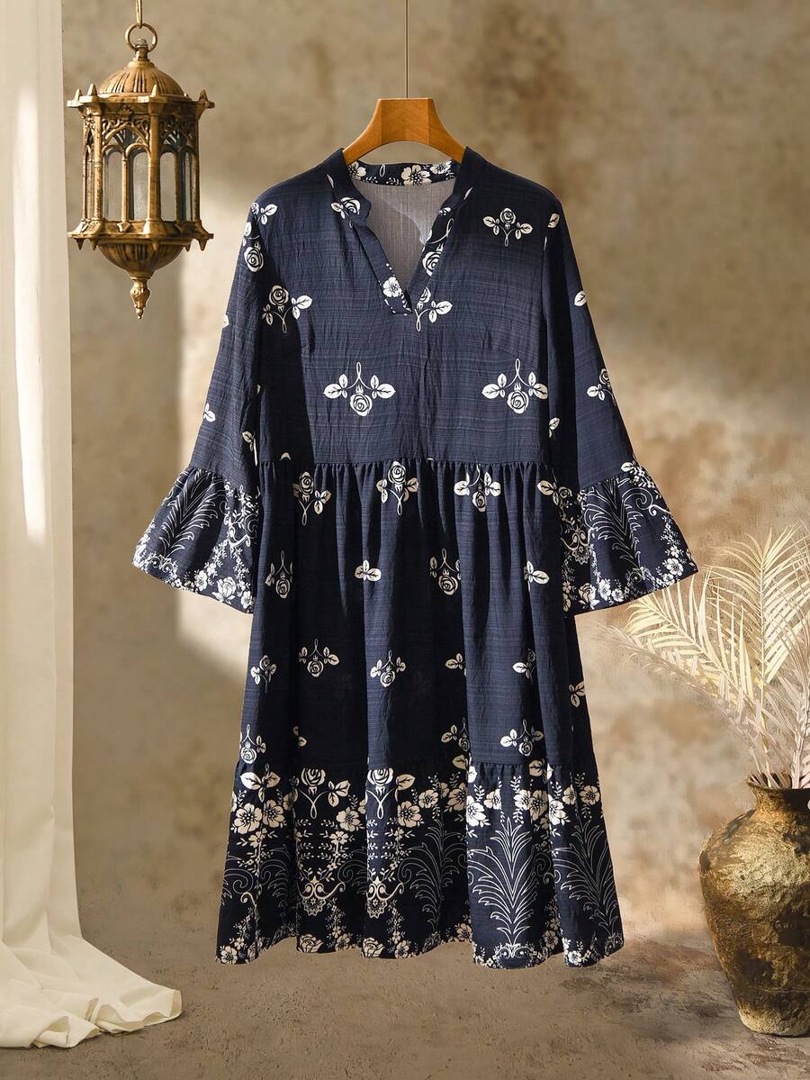 Rusticease Women's Floral Print V-Neck Long Sleeve Dress - Navy Blue - View 1