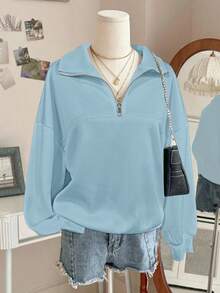 INAWLY 女式宽松拉链领羊毛衫，纯色，秋冬 - 藍色 - 查看 8