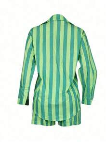 SHEIN Women's Striped Loose Fit Drop Shoulder Long Sleeve Shirt And Shorts Casual Two Pieces Set For Spring & Summer Fall Cloth For Women - Green - View 2