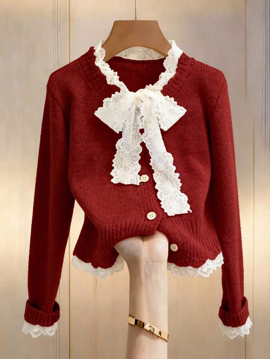 Franclia Cardigan lavorato a maglia con lacci, stile loose, ispirato alle fashion blogger, stile europeo chic - Rosso - Visualizzare 1