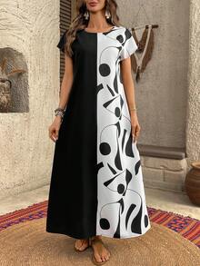 EMERY ROSE 女士度假休闲撞色拼接印花连衣裙 - 黑色 - 查看 1