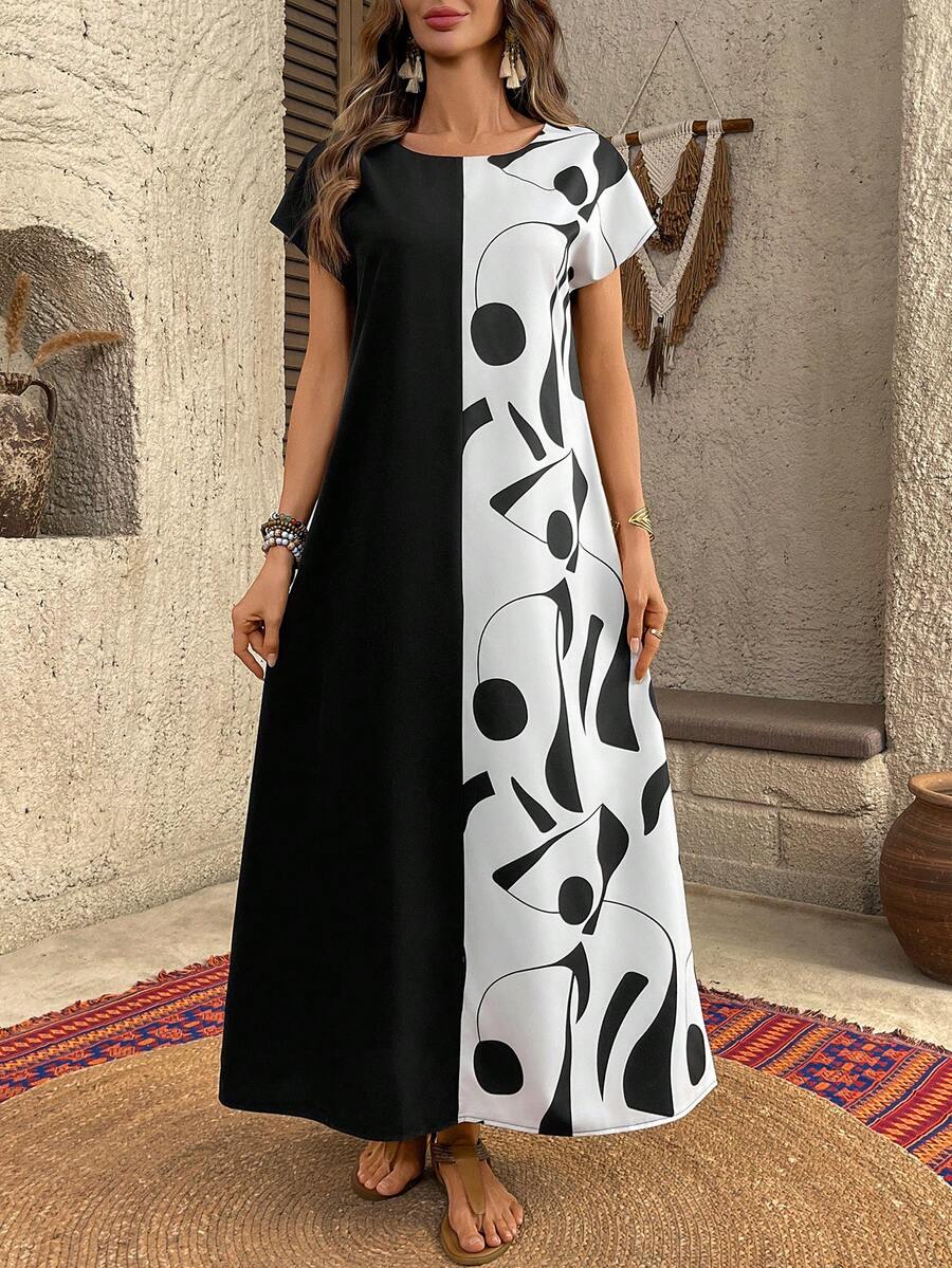 EMERY ROSE 女士度假休闲撞色拼接印花连衣裙 - 黑色 - 查看 1