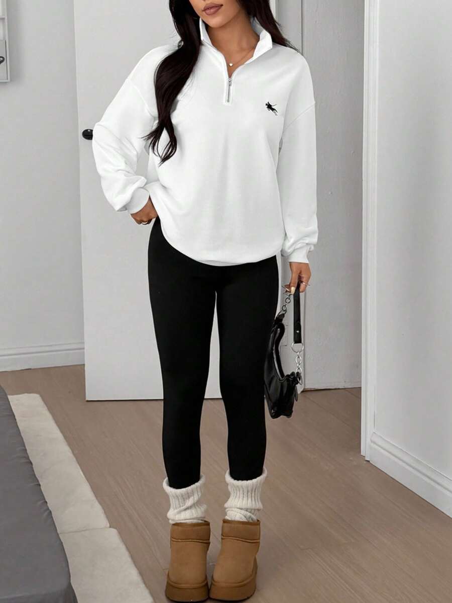 SHEIN EZwear Old Money Casual Sets For Women Casual Versatile College Style Solid Color Sweatshirt And Leggings Women Set - White - View 1