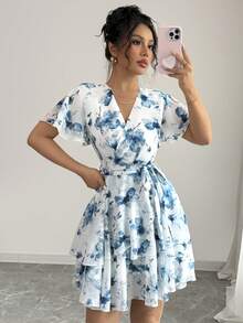 Olithes Đầm nữ in hoa cổ chữ V tay bồng kiểu dáng thường ngày - Màu xanh lam - Xem 3