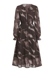 Ellevyn Women's Elegant Leopard Print Chiffon Flowy A-Line Lantern Sleeve Dress - Brown - View 6