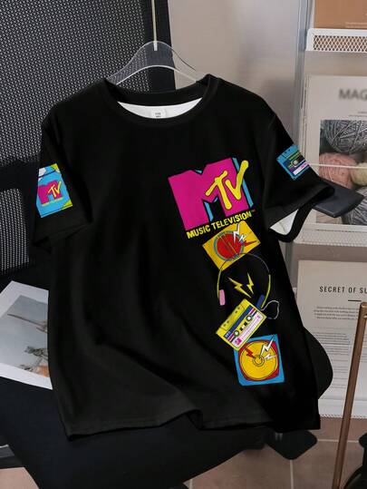 MTV | SHEIN Tween Boy Letter Graphic Black Crew Neck Casual Short Sleeve T-Shirt