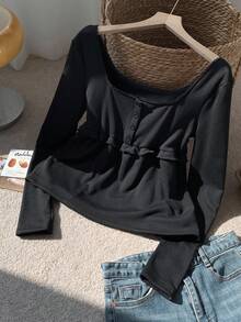 SHEIN EZwear 女士黑色前开襟长袖休闲衬衫，带保暖内衬，适合秋冬春季穿着，黑色Y2K风格方领上衣 - 黑色 - 查看 6
