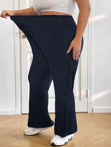 SHEIN CURVE+ 女士高腰喇叭弹力休闲裤，秋季/春季/夏季清凉裤，喇叭裤 - 寶藍色 - 查看 10